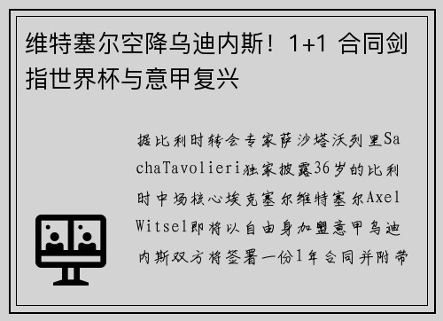 维特塞尔空降乌迪内斯！1+1 合同剑指世界杯与意甲复兴