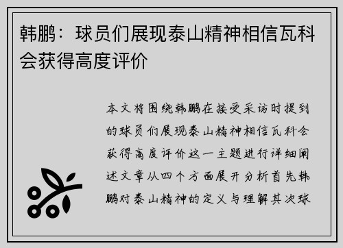 韩鹏：球员们展现泰山精神相信瓦科会获得高度评价